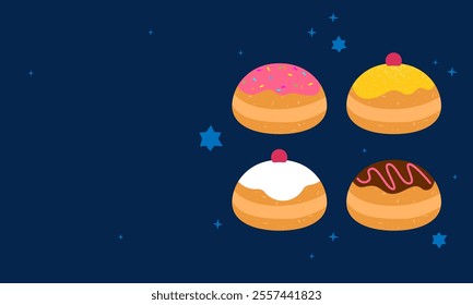 Hanukkah sufganiyot food background. Donuts with jam. Sweet Hanukkah doughnuts topped with powdered sugar and jam