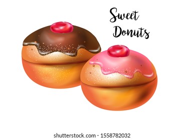 Hanukkah Sufganiyot Jelly Doughnuts deep-fried Israeli delicacies symbolize miracle of the burning oil lamps, ancient Holy Temple Jerusalem Donuts with fruit jam, tops sprinkle granulated sugar vector