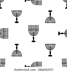 Hanukkah symbol menorah with candles black silhouette seamless pattern. Background for Jewish festival of light for wrapping or scrapbooking paper banner. Stock vector flat illustration.