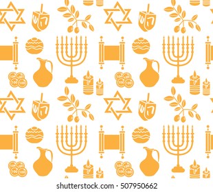 Hanukkah symbol seamless pattern. Hanukkah background with Menorah, Torah, Sufganiyot, Olives and Dreidel. Happy Hanukkah Festival of Lights, Feast of Dedication seamless texture. Vector illustration