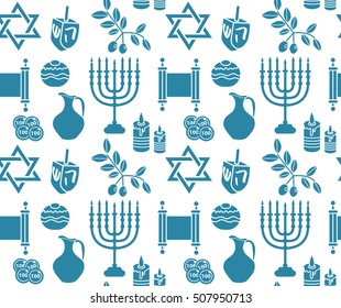 Hanukkah symbol seamless pattern. Hanukkah background with Menorah, Torah, Sufganiyot, Olives and Dreidel. Happy Hanukkah Festival of Lights, Feast of Dedication seamless texture. Vector illustration