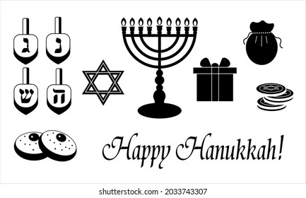 Hanukkah symbols, black and white icons of Jewish religious holiday, menora, dreidel, coins, David star, Happy Hanukkah elements