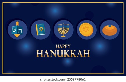 Hanukkah symbols with dreidel, menorah, and coins Vector