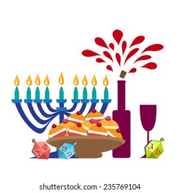 Hanukkah symbols and food vector illustration. Menorah, Sufganiyot( jelly donuts),Dreidels, wine bottle and glass for festive atmosphere. Bright Chanukian flat design composition. Eps 10. On white.