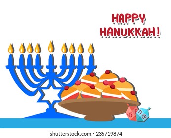 Hanukkah symbols and foods. Menorah, Dreidels,Sufganiyot flat illustration. Candlestick with David star and nine candle, jelly donuts on plate .  Vector greeting card. Happy Hannukah text. Eps 10.