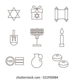 Hanukkah Symbols. The icons in the style of outlines. Vector illustration.