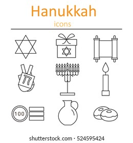 Hanukkah Symbols. The icons in the style of outlines. Vector illustration.
