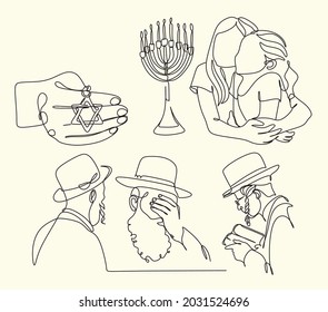 Hanukkah symbols line ar vector illustration. Traditional jewish holiday greeting card design with happy hanukkah congratulations. Menorah with david star, pitta bread, jug, olive branch and dreidels.