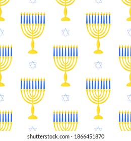 Hanukkah symbols menorah with candles star of david seamless pattern. Hand drawn background for Jewish festival of light for wrapping or scrapbooking paper banner. Stock vector flat illustration.