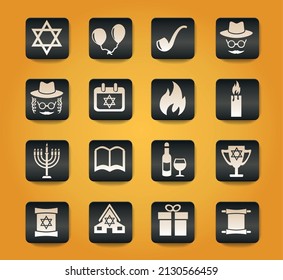 hanukkah symbols on black buttons on yellow background