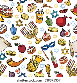 Hanukkah symbols seamless pattern.Doodle hand drawing Jewish Holiday object background.Watercolor blue splash.Sweets,menorah,star of David.Israel festival vector.Retro Illustration.Religious new year.