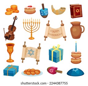 Hanukkah symbols set. Jewish holiday traditional symbols cartoon vector