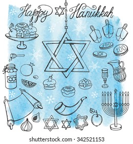 Hanukkah symbols set.Doodle hand drawing Jewish Holiday icons, objects set.Watercolor blue splash.Sweets,menorah,star of David.Israel festival vector.Retro Illustration.Religious new year.