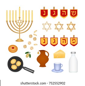 Hanukkah symbols. Traditional foods and toys.