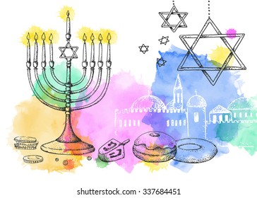 Hanukkah. Template card. Israel festival of light. Vector illustration. Hand drawn. Watercolor. Menorah, sweets, dreidel, old city.