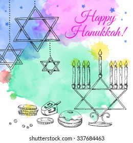 Hanukkah. Template card. Israel festival of light. Vector illustration. Hand drawn. Watercolor. Menorah, sweets, dreidel.