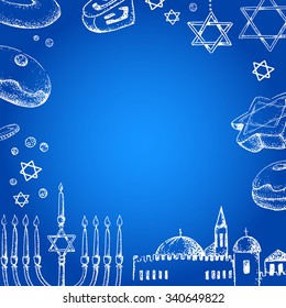 Hanukkah. Template card. Israel festival of light. Vector illustration. Hand drawn. Menorah, sweets, old city. Blue frame.