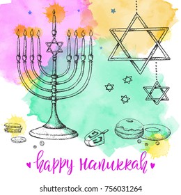 Hanukkah. Template card. Israel festival of light. Vector illustration. Hand drawn. Watercolor. Menorah, sweets, dreidel. Handwriting inscription. Modern brush lettering.