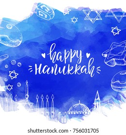 Hanukkah. Template card. Israel festival of light. Vector illustration. Hand drawn. Hanukkah elements. Blue watercolor card. Menorah, sweets, dreidel, old city. Frame. Handwriting inscription. 