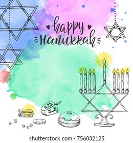 Hanukkah. Template card. Israel festival of light. Vector illustration. Hand drawn. Watercolor. Menorah, sweets, dreidel. Handwriting inscription. Modern brush lettering.