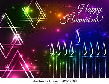 Hanukkah. Template glowing card. Israel festival of light. Shining stars. Vector illustration. Star. Abstract shiny bright background. 