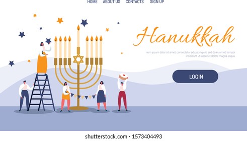 Hanukkah template for website, landing page. People prepare to celebrate. Vector.