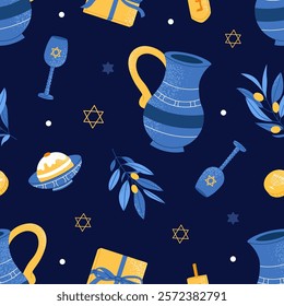 Hanukkah textured seamless pattern. Modern festive design for wallpaper, wrapping paper, fabric, banner. Flat vector illustration on blue background.