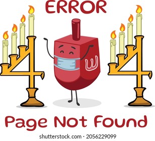 Hanukkah themed 404 error message. Oops page not found. Page Missing coming soon error message. Spinning the dreidel game cute character.