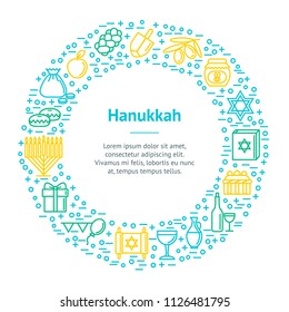 Hanukkah Thin Line Banner Card Circle Symbol of Traditional Judaism Religion Celebration. Vector illustration of Jewish Holiday
