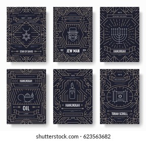 hanukkah thin line brochure cards set. Jewish traditional template of flyear, magazines, posters, book cover, banners. Holiday outline invitation concept background. Layout quality modern pages