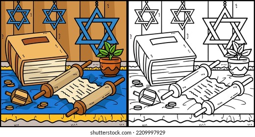 Hanukkah Torah Scroll and Book Illustration