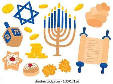 Hanukkah Traditional Attributes: Menorah, Dreidel, Latke Potato Pancakes, Sufganiyah donuts, Star of David and Challah Bread