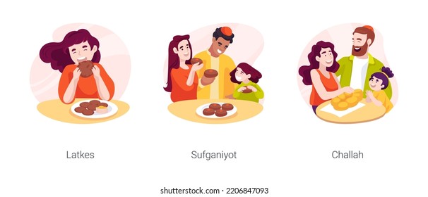 La comida tradicional Hanukkah aisló la caricatura de ilustraciones vectoriales conjunto. Chicas comiendo sabrosos lápices para Hanukkah, felices familiares compartiendo suficiente, judío tradicional caricatura vectorial de pan Challah.