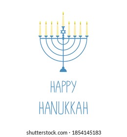 Hanukkah traditional greeting card. Menorah with 9 candles. Isolated on white.
