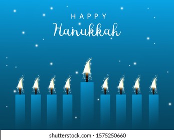 Hanukkah. Traditional Hanukkah holiday symbols. Star of David. Candles Minors. Blue background