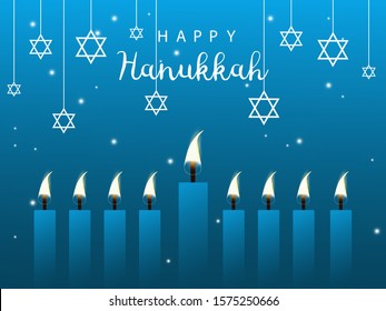 Hanukkah. Traditional Hanukkah holiday symbols. Star of David. Candles Minors. Blue background