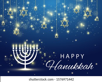 Hanukkah. Traditional Hanukkah holiday symbols. Star of David. Candles Minors. Blue background