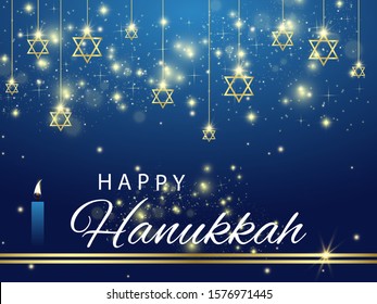 Hanukkah. Traditional Hanukkah holiday symbols. Star of David. Candles Minors. Blue background