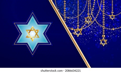 Hanukkah. Traditional Hanukkah holiday symbols. Star of David. Candles Minors. Blue background.