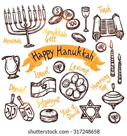 Hanukkah traditional jewish holiday doodle symbols set isolated vector illustration