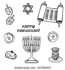 Hanukkah traditional jewish holiday doodle symbols set isolated background vector illustration