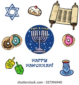 Hanukkah traditional jewish holiday doodle symbols set isolated background vector illustration