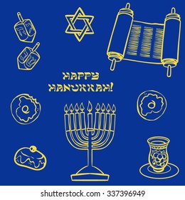 Hanukkah traditional jewish holiday doodle symbols set isolated background vector illustration