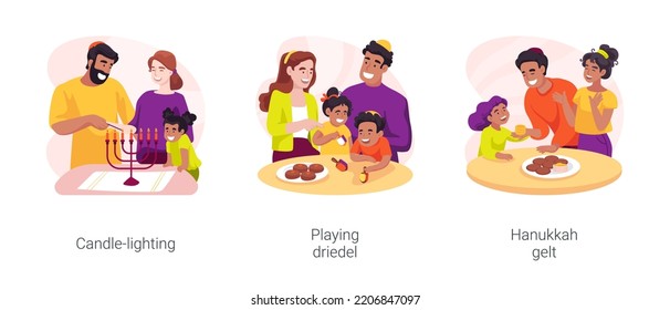 Hanukkah traditions isolated cartoon vector illustration set. Family lighting candles in menorah at home, playing dreidrel game with kids, Hanukkah gelt, giving money for children vector cartoon.