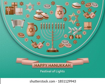 Hanukkah turquoise template with Torah, menorah and dreidels. Greeting card. Translation Happy Hanukkah. Vector illustration.