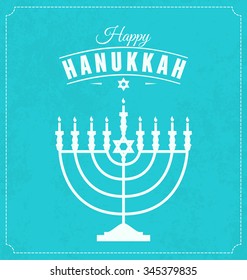 Hanukkah Typographic Vector Design  - Happy Hanukkah. Jewish holiday. Hanukkah Menorah on Light Blue Background