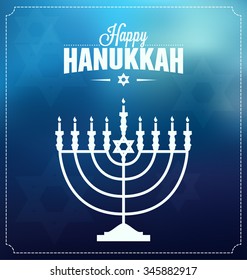 Hanukkah Typographic Vector Design  - Happy Hanukkah. Jewish holiday. Hanukkah Menorah on Light Blue Background