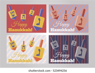 Hanukkah Typographic Vector Design - Happy Hanukkah.Jewish holiday. Jewish Hanukkah celebration banners with holiday sticker objects. Greeting card set. Vector  dreidel for Hanukkah.