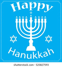 Hanukkah Typographic Vector Design - Happy Hanukkah. Jewish holiday. Hanukkah Menorah on Light Blue Background