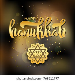 Hanukkah typography design, vector illustration on a blurred background. Words Happy Hanukah with sparkles and star. Jewish holiday template for a poster, postcard or banner. Calligraphy design style.